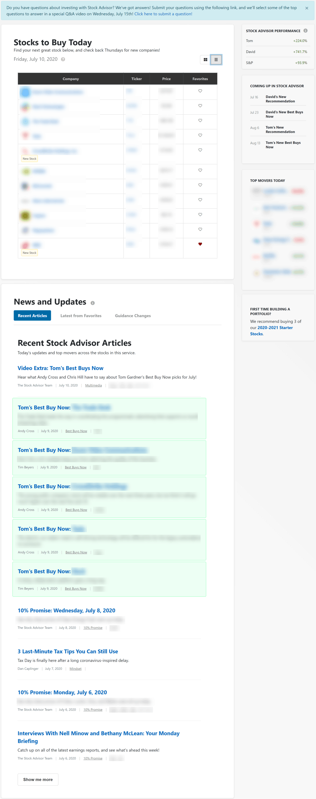 homepage for stock advisor